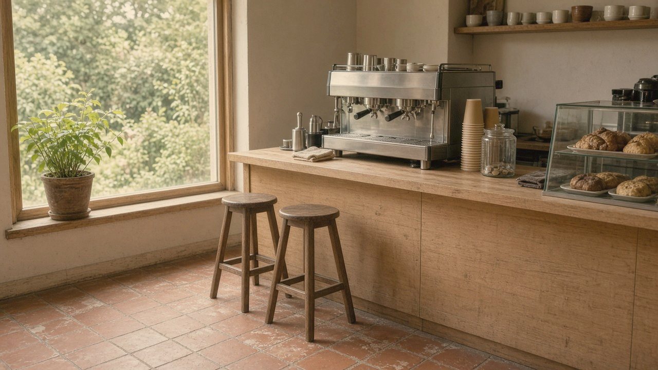 Sunny café interior with an oak counter, pastry case and plants by the window