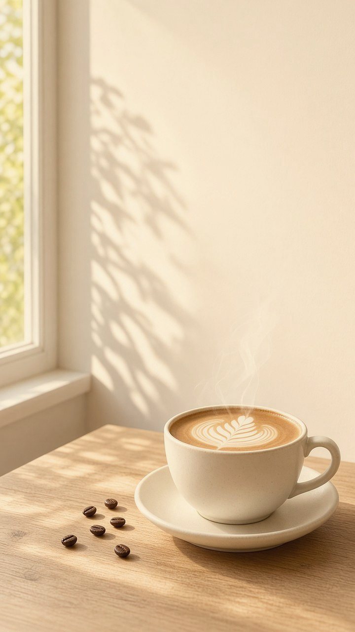 A latte with heart latte art on a sunny window ledge