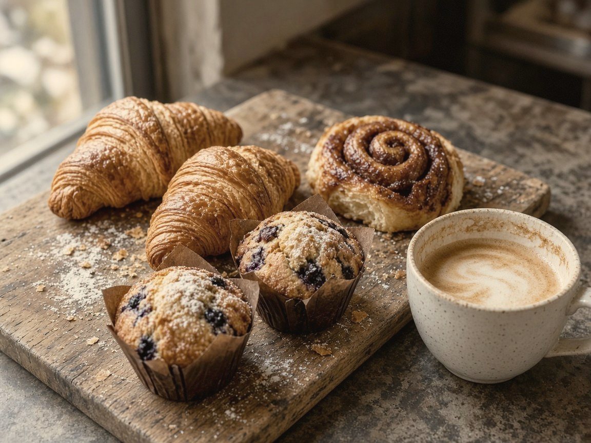 Croissants, cardamom knots and a muffin beside a cappuccino